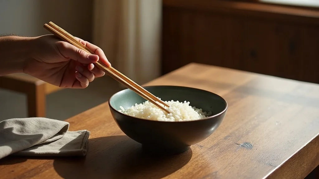 One hand correctly holding chopsticks above rice bowl, proper grip visible