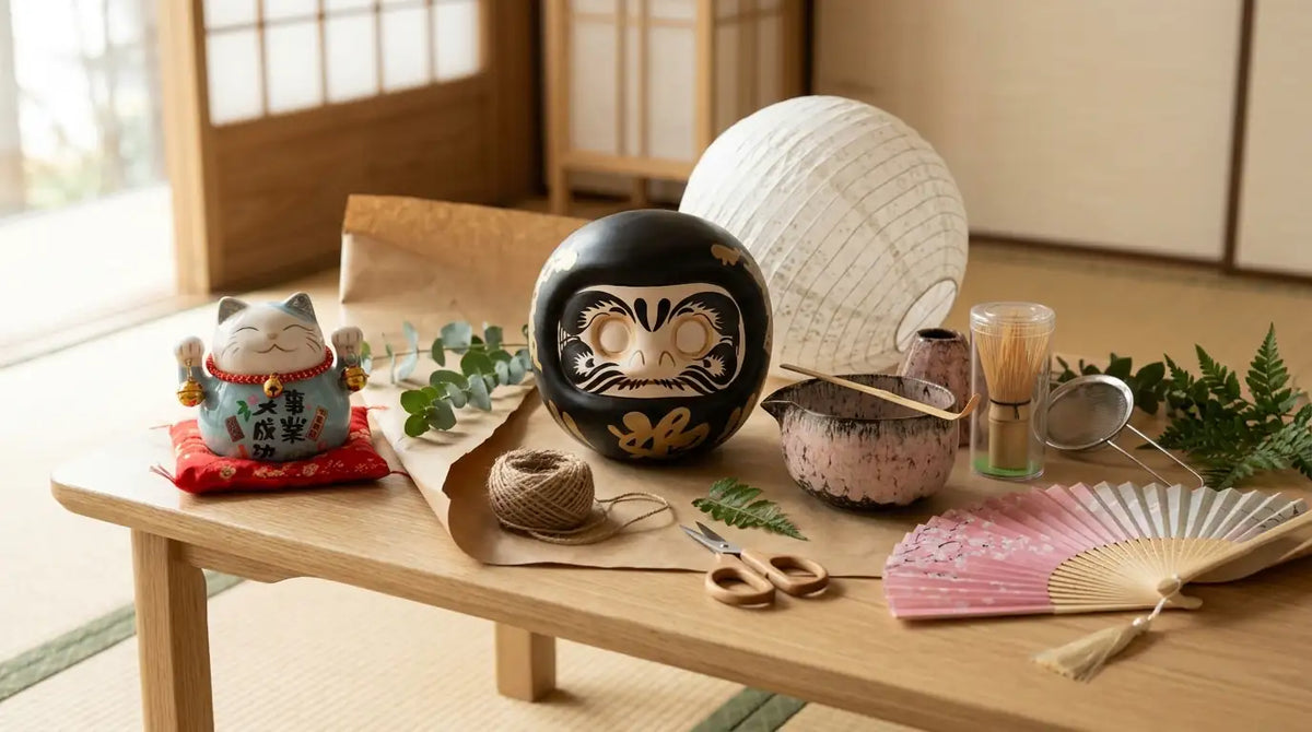 Japanese gift ideas for the home laid out on a wooden table
