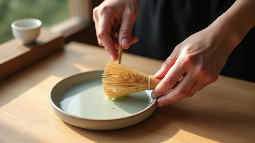 Hands positioning a bamboo matcha whisk on a drying stand, tines facing upward