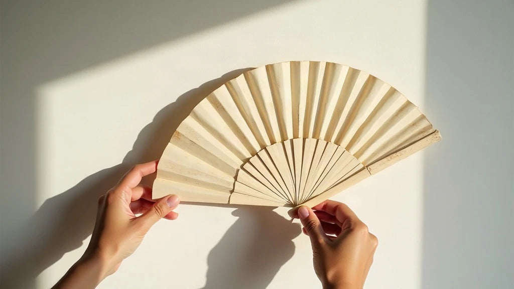 Two hands carefully securing a handmade sensu fan on an interior wall
