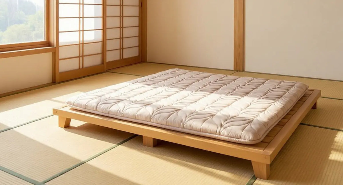 Cream Japanese futon mat on low wooden platform bed in minimalist japandi bedroom with shoji-filtered morning light