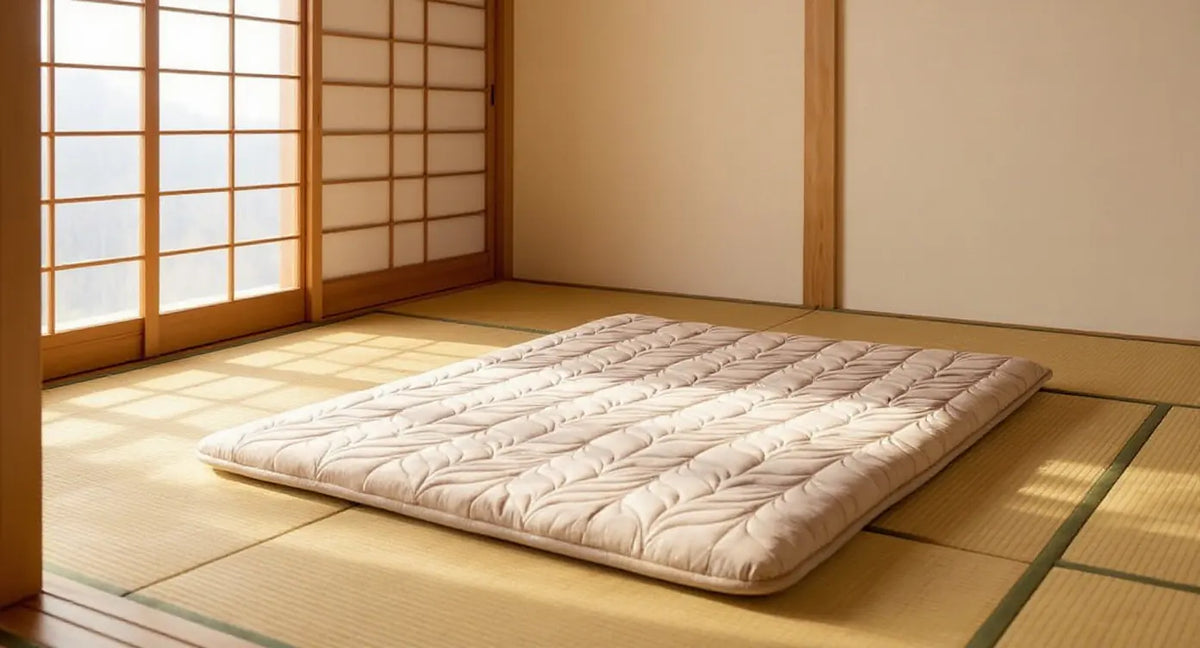 Unfolded Japanese futon mat in soft morning light on traditional tatami mats