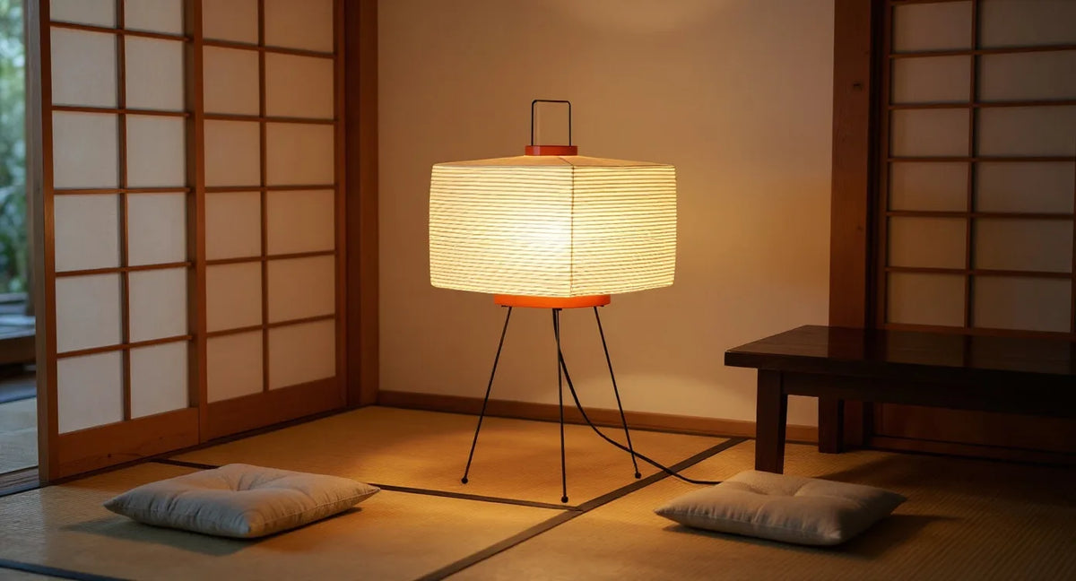 Japanese Style Floor Lamp beside floor cushions on tatami in a washitsu room