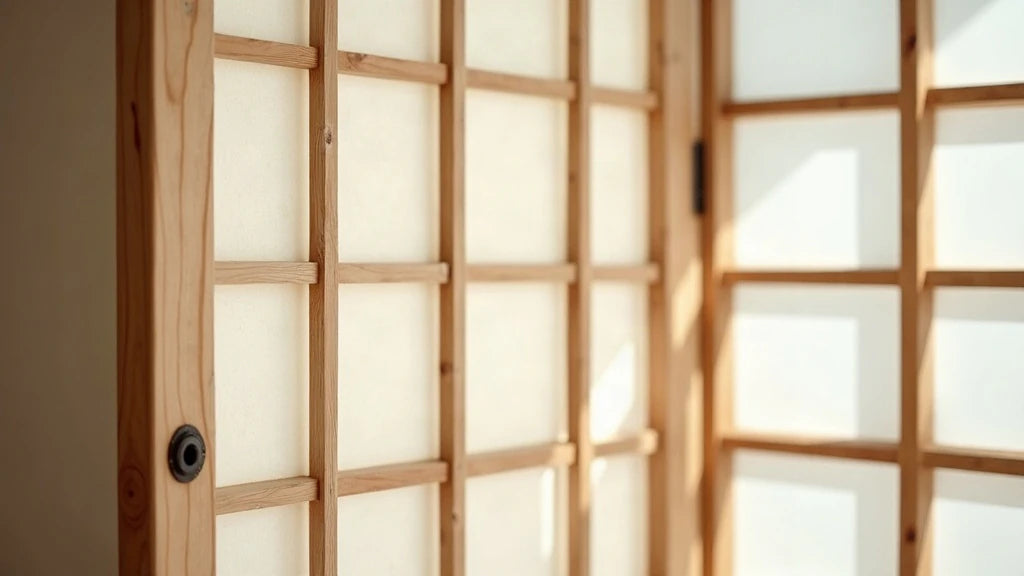 Wooden shoji screen with translucent washi paper, grid lattice filtering soft daylight