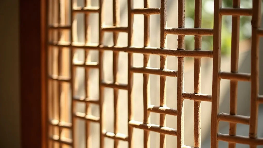 Close-up of wooden kumiko lattice panel, interlocking pieces without nails or glue, geometric pattern backlit