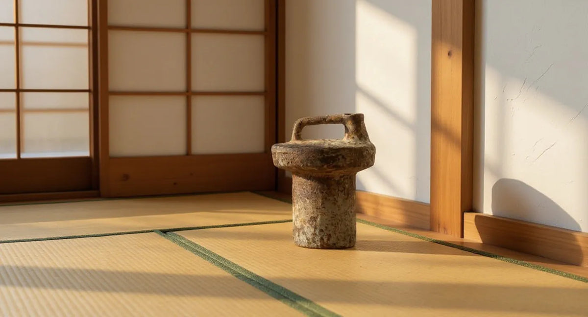 Rustic wabi-sabi ceramic vase on a wooden shelf in a light-filled Japanese alcove