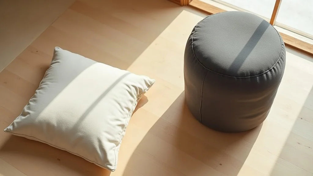 Flat zabuton and round zafu meditation cushions side by side, showing size and height difference