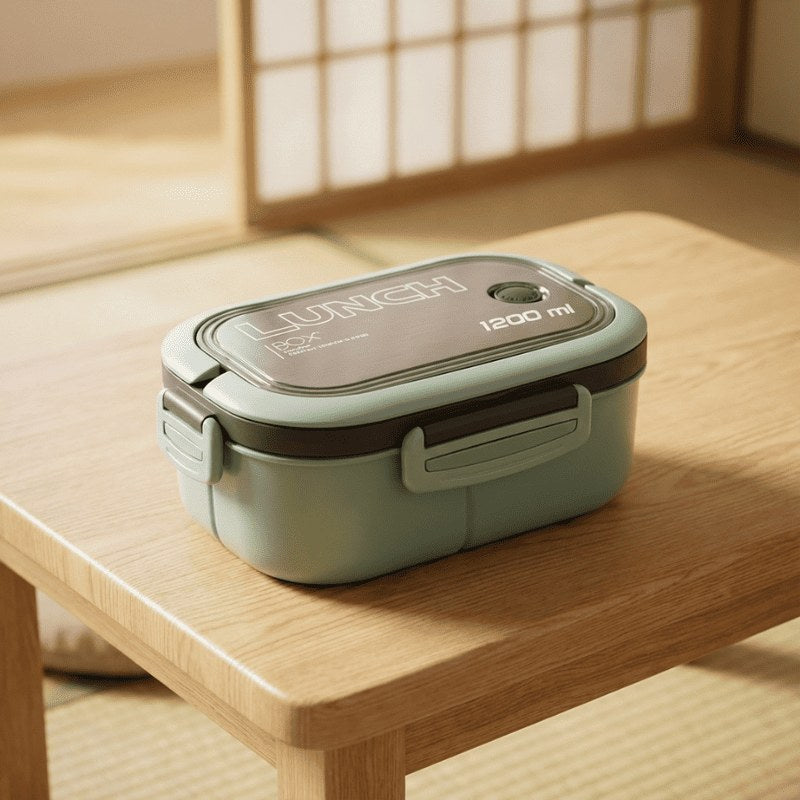Sage green adult bento box with transparent viewing lid sitting on wooden table in serene Japanese interior with natural lighting