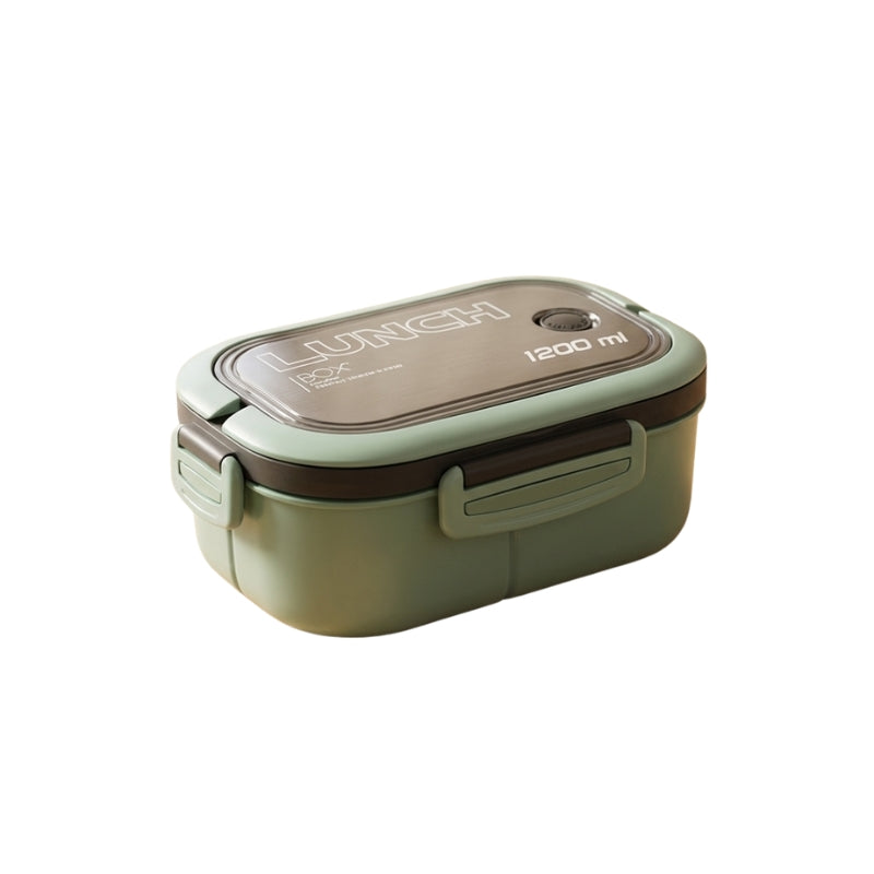 Minimalist olive green adult bento japanese box with 1200ml capacity and hermetic closure on white studio background