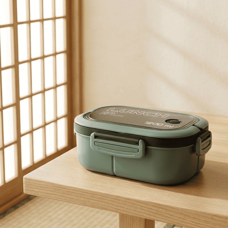 Elegant adult japanese bento box in matte green tone positioned on wooden shelf beside traditional shoji screen in zen atmosphere