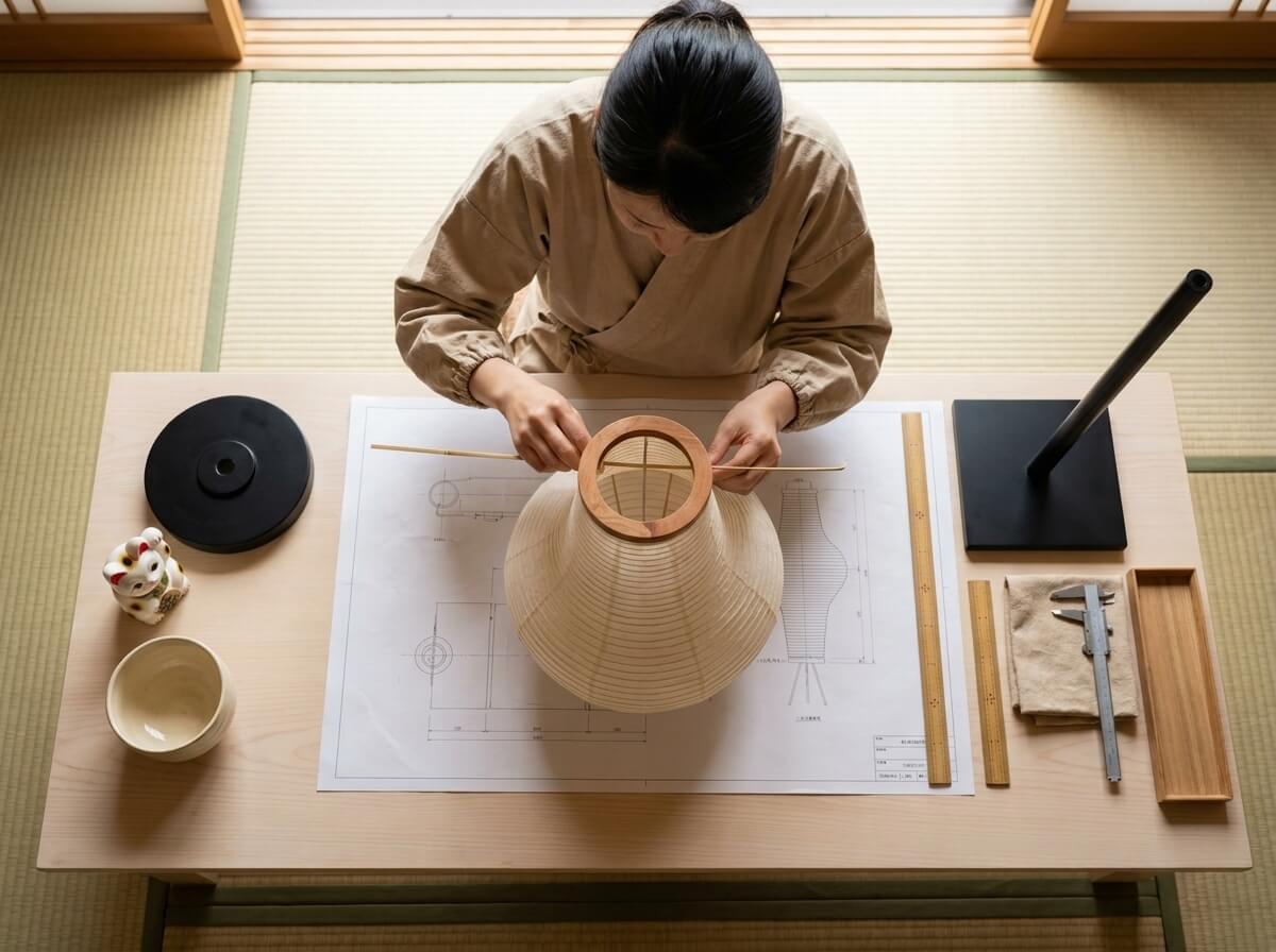 Craftsperson fitting the wooden ring frame onto a pleated akari lamp traditional to Japan with a bamboo skewer, blueprint beneath, maneki neko figurine and calipers arranged on a tatami table