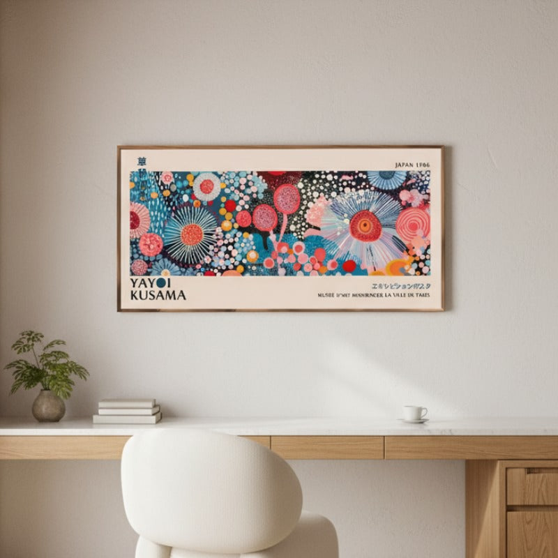 Blue and pink floral art canvas prints japanese with Kusama dot patterns hanging above modern minimalist console with decorative vase