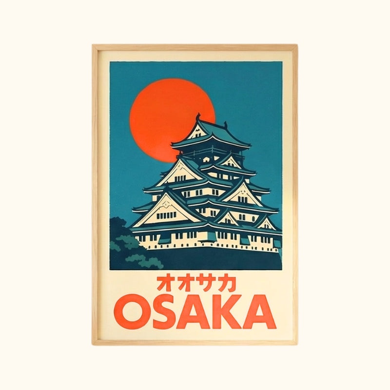 Vintage art japanese prints poster featuring Osaka castle with red sun on teal background in natural wood frame on clean backdrop