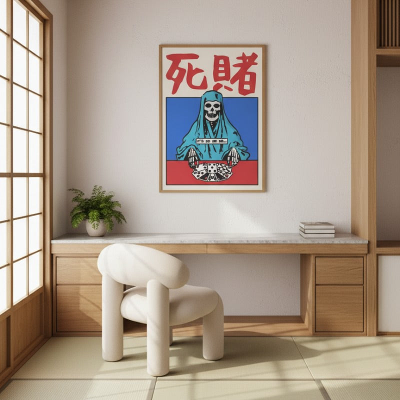 Bold art poster japanese featuring skeleton figure in turquoise robe with dice and red calligraphy hanging above wooden desk in minimalist interior