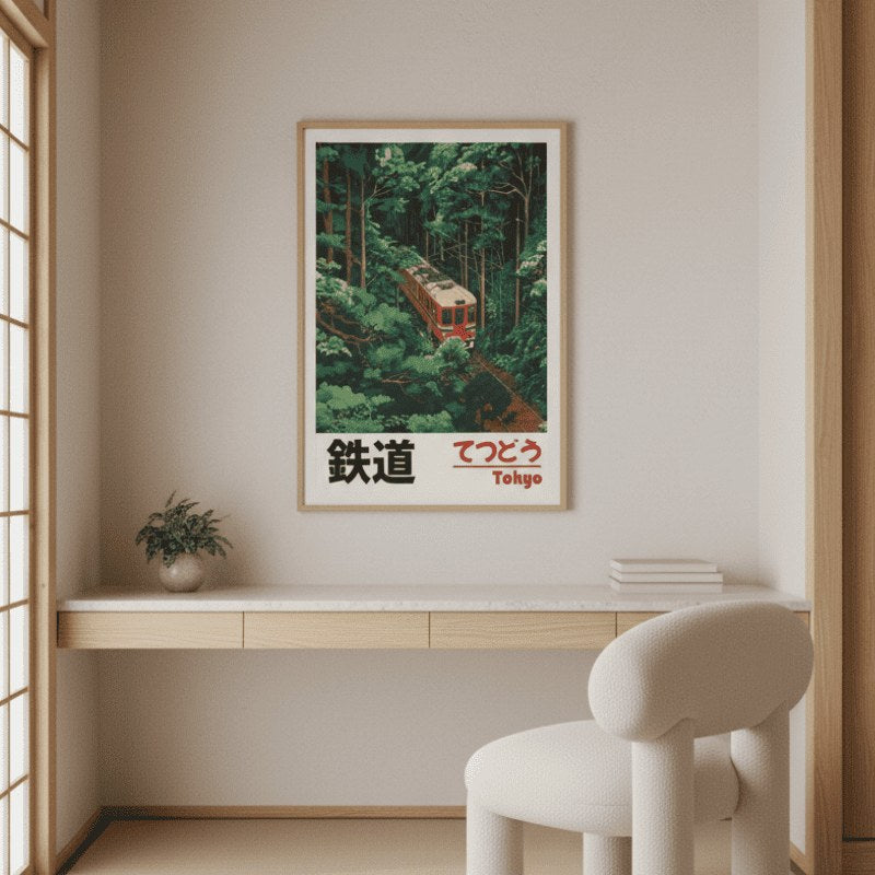 Vintage artwork japanese prints featuring red train through green forest mounted above minimalist wooden console with plant near shoji window