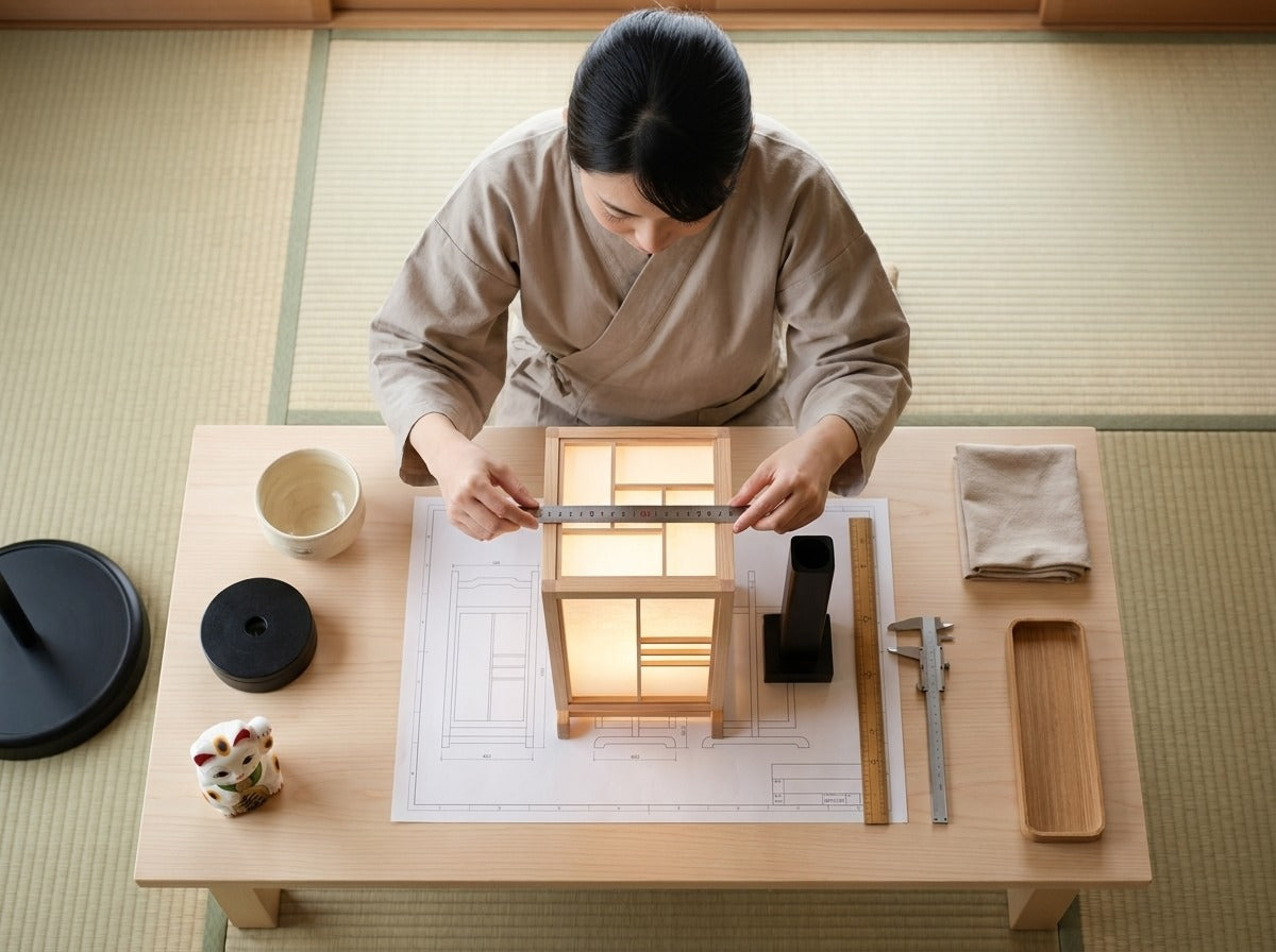 Overhead craftsmanship shot measuring a traditional Japanese wooden lamp with lit paper panels on a scale blueprint, maneki neko figurine and calipers on the tatami room table