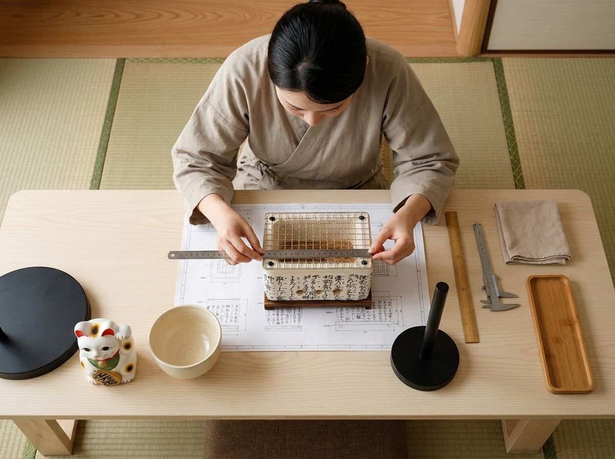 Overhead view of a woman in kimono measuring a white Japanese barbecue with kanji calligraphy engravings and metal grill on a wooden stand against technical blueprints