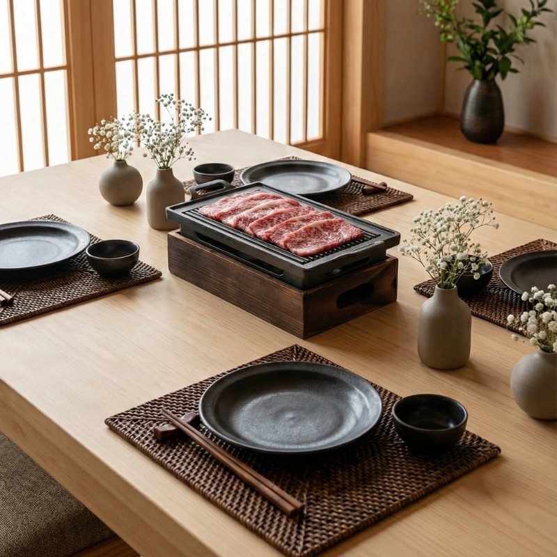 BBQ grill Japanese long style cooking marbled beef on wooden dining table with black ceramic plates and minimalist shoji screen decor