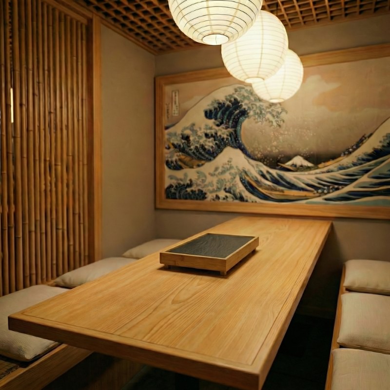 BBQ japanese plate black slate stone in bamboo frame on wooden table in cozy Japanese restaurant with paper lanterns and Hokusai wave