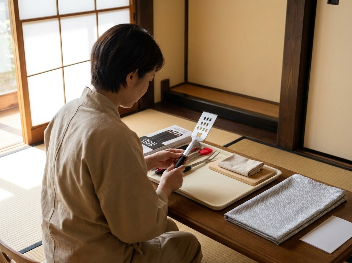 Man in linen jacket examining a stainless steel bbq tool set with spatula and fork in a traditional Japanese tatami room near shoji screen window