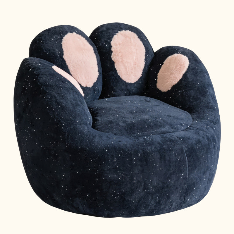 Soft navy blue kids bean bag chair with a plush paw-shaped backrest, pink paw details and a cozy rounded seat, shown from a side angle.