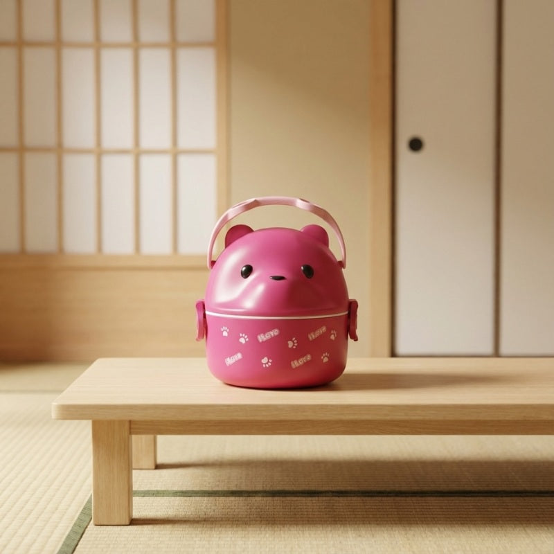 Charming bento box cute japanese pink with kawaii bear lid on low table in minimalist Japanese setting