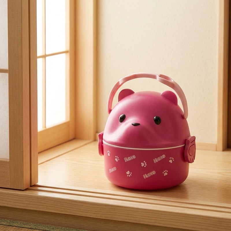 Stackable bento box cute japanese featuring smiling bear design near bright shoji window on wooden surface