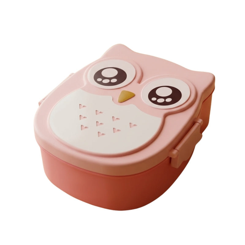 Pink owl shaped bento box japanese meal prep with large eyes and yellow beak on clean white background