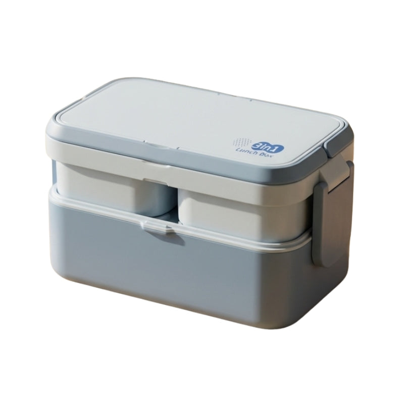 Bento box kids blue with double layer design secure clips and white separator on neutral background