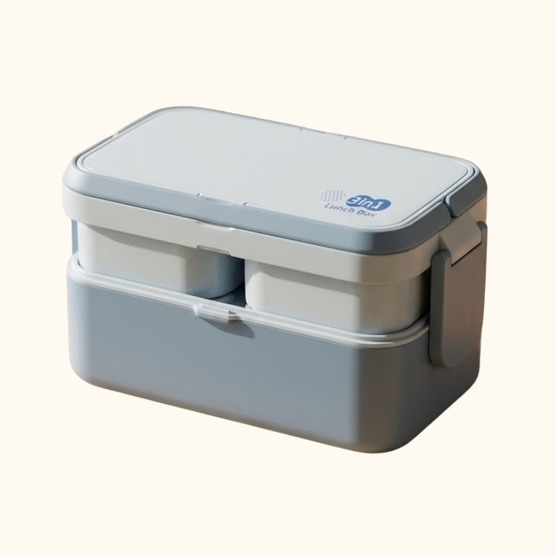 Bento box kids blue with double layer design secure clips and white separator on neutral background