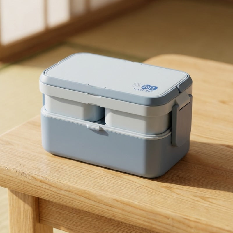 Stackable bento box kids in blue gray with integrated utensils displayed on wooden table in natural light