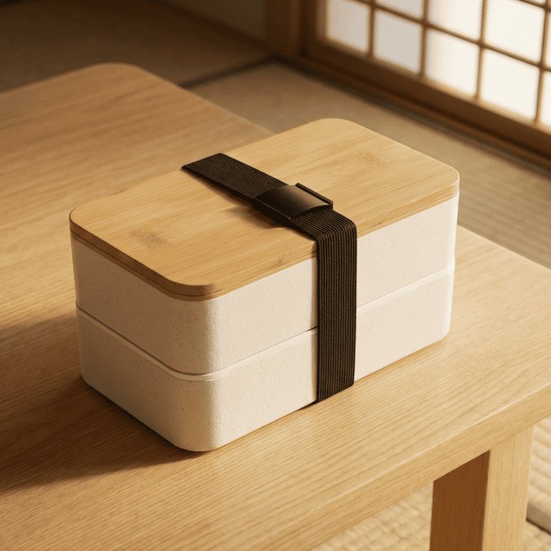 Natural wheat-colored bento box lunches with bamboo cover sitting on wooden surface near traditional shoji window in gentle warm light
