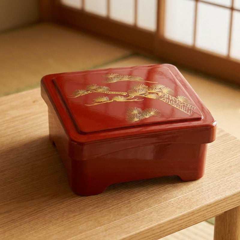 Lacquered bento box sushi displaying golden pine branch design on wooden table with shoji screen background