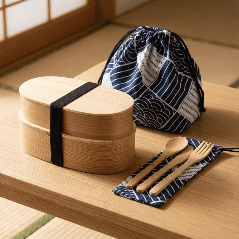 Oval double-layer bento food box with elastic band and geometric patterned fabric bag placed on wooden table with matching wooden utensils
