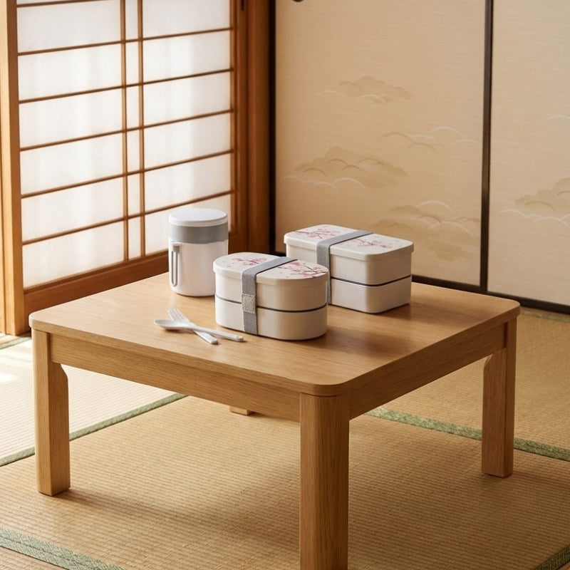 Complete bento hot box sakura set with oval and rectangle containers soup cup and cutlery on wooden table in traditional tatami room