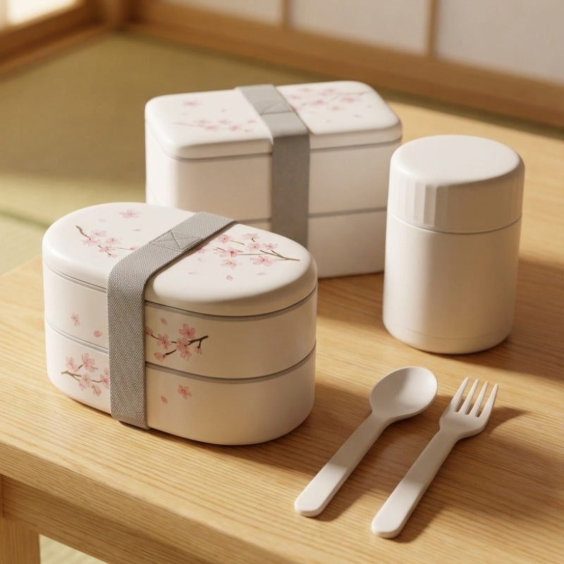 Elegant bento hot box with pink sakura pattern double layers elastic bands soup container and matching utensils on natural wood surface