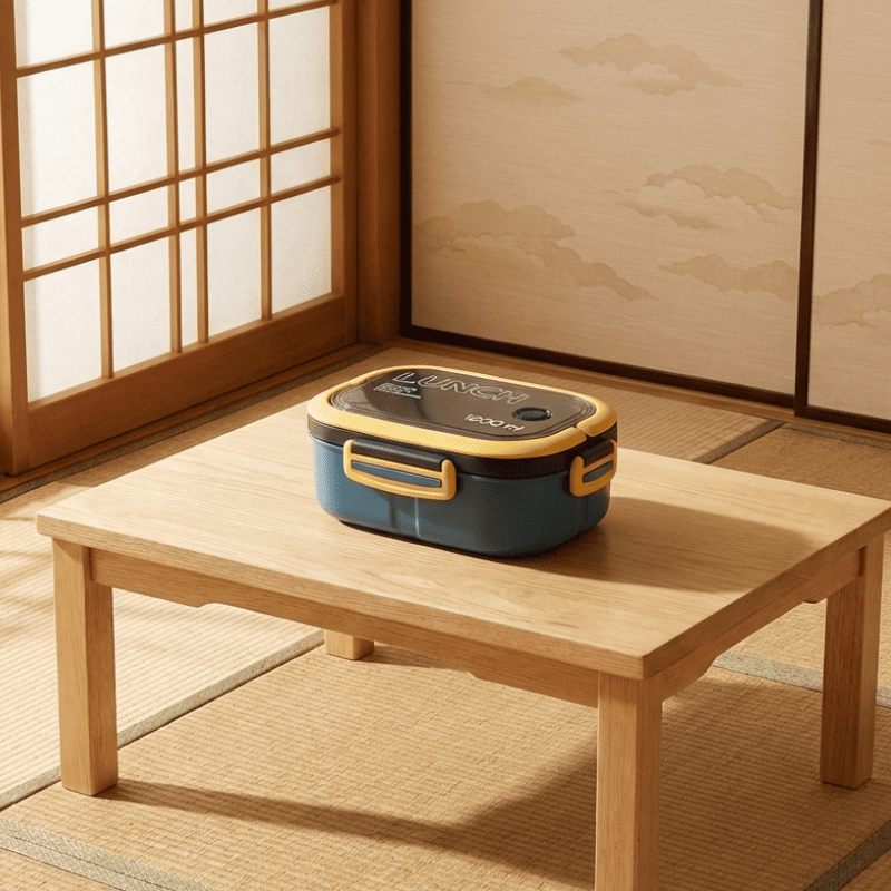Contemporary bento lunch box japanese design resting on low wooden table with tatami mat and paper sliding doors in authentic setting