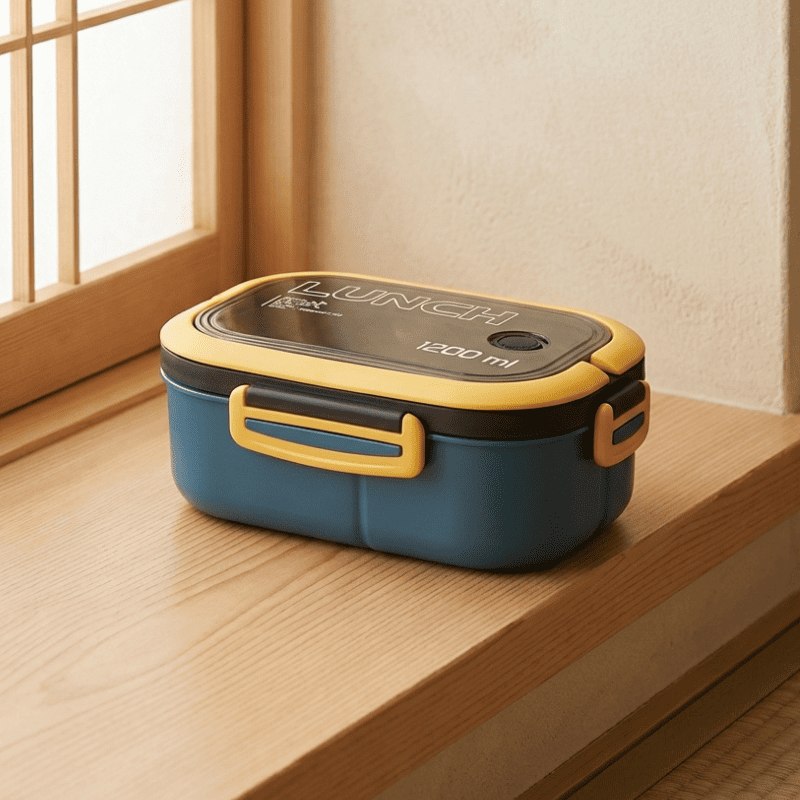 Stylish bento lunch box in teal and gold placed on wooden windowsill beside traditional shoji screen in warm natural light