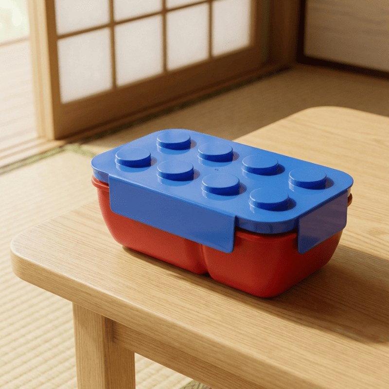 Playful bento snack box with building block lid displayed on wooden table beside traditional shoji screen in warm natural light