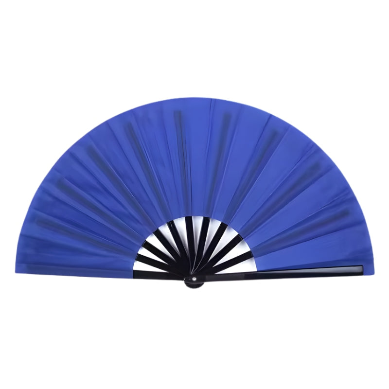 Classic big blue japanese fan with black bamboo ribs and white accent displayed on neutral background showing elegant traditional design