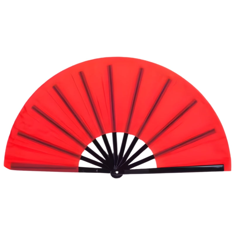Large big red japanese fan with black bamboo frame and white center displayed on clean neutral background showing traditional craftsmanship