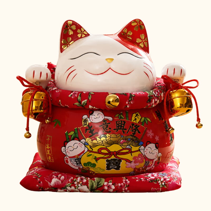 Front view of a big red maneki neko lucky cat statue with both paws raised, golden bell charms, and painted fortune symbols, photographed on a clean studio background