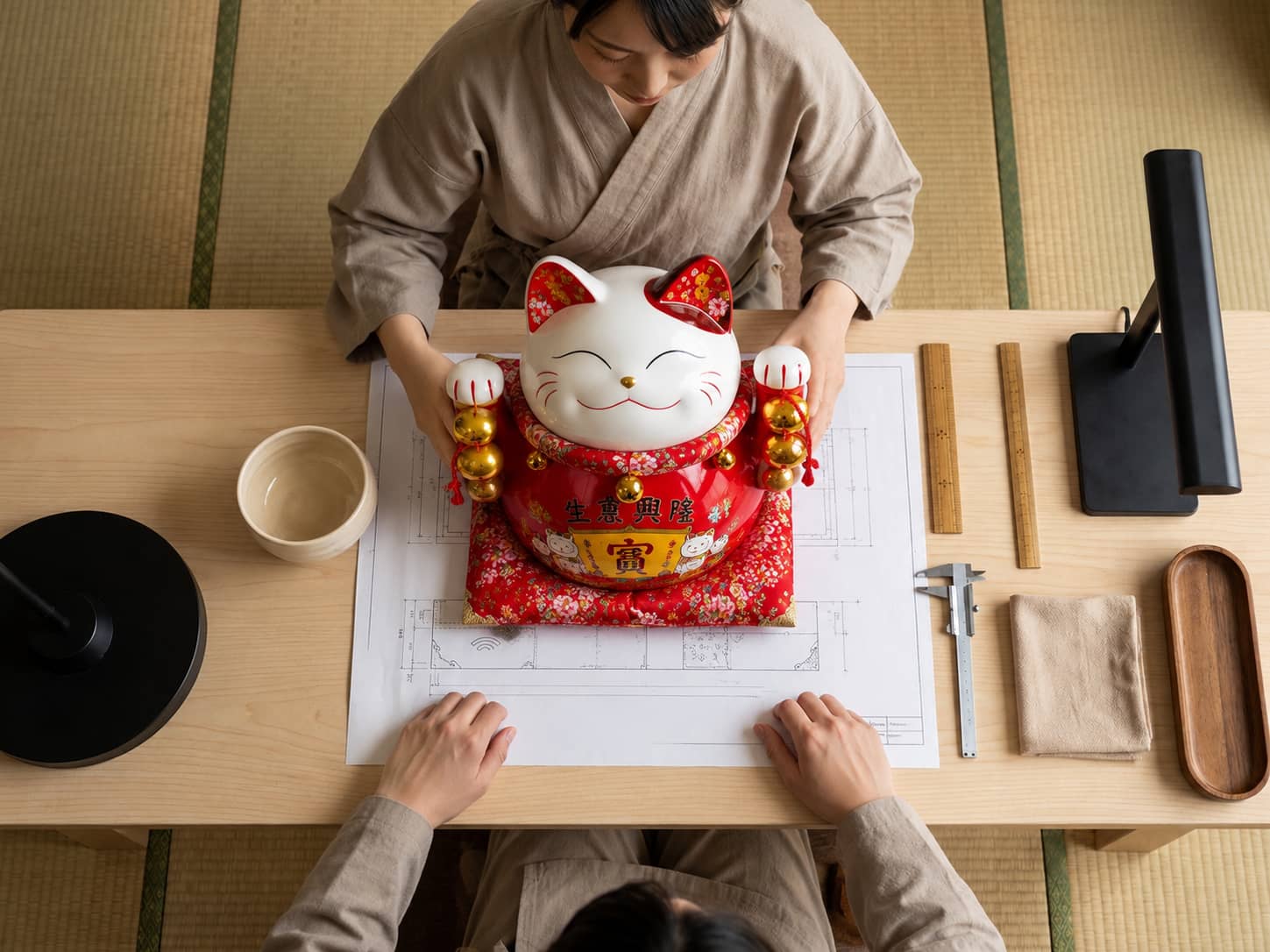 Two people measuring a big traditional maneki neko figurine with both raised paws and gold bells against its technical blueprint, ruler in hand, with ceramic bowl and calipers on a light wood table