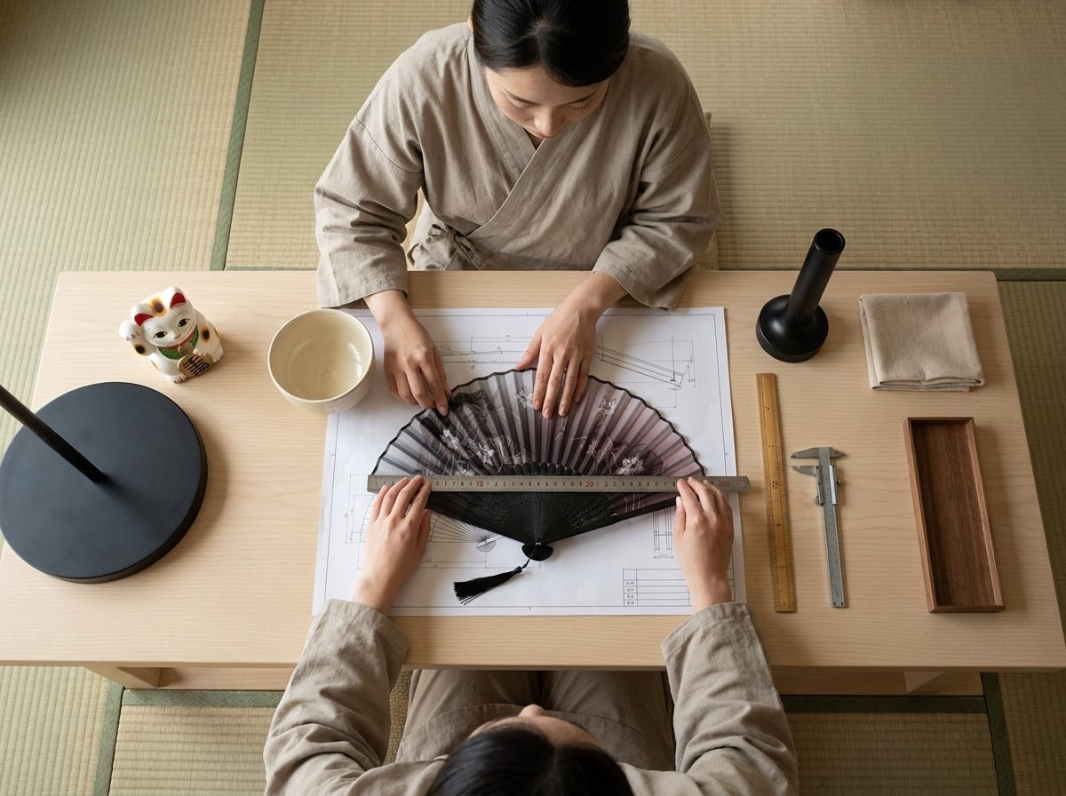 Two artisans measuring a traditional black Japanese fan with a floral silk pattern and tassel on a scale blueprint, ruler, calipers and maneki neko figurine on the table