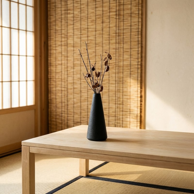 Minimalist black japanese vintage vase with dried branches on wooden table near bamboo blind and shoji screen
