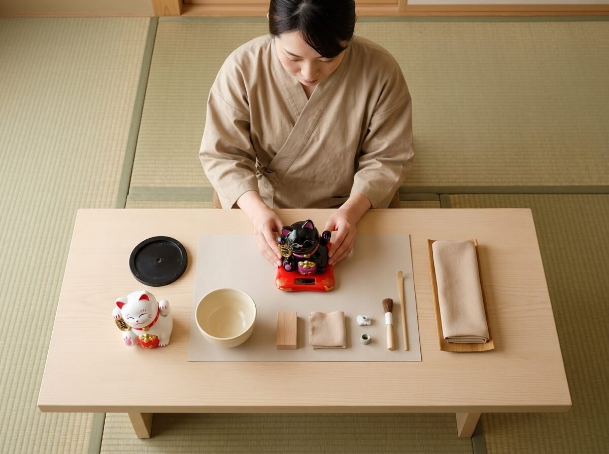 Woman positioning a traditional black maneki neko cat figurine on its red cushion, with a white maneki neko statue, ceramic bowl, brush, and rolled linen tray arranged on a light wood table