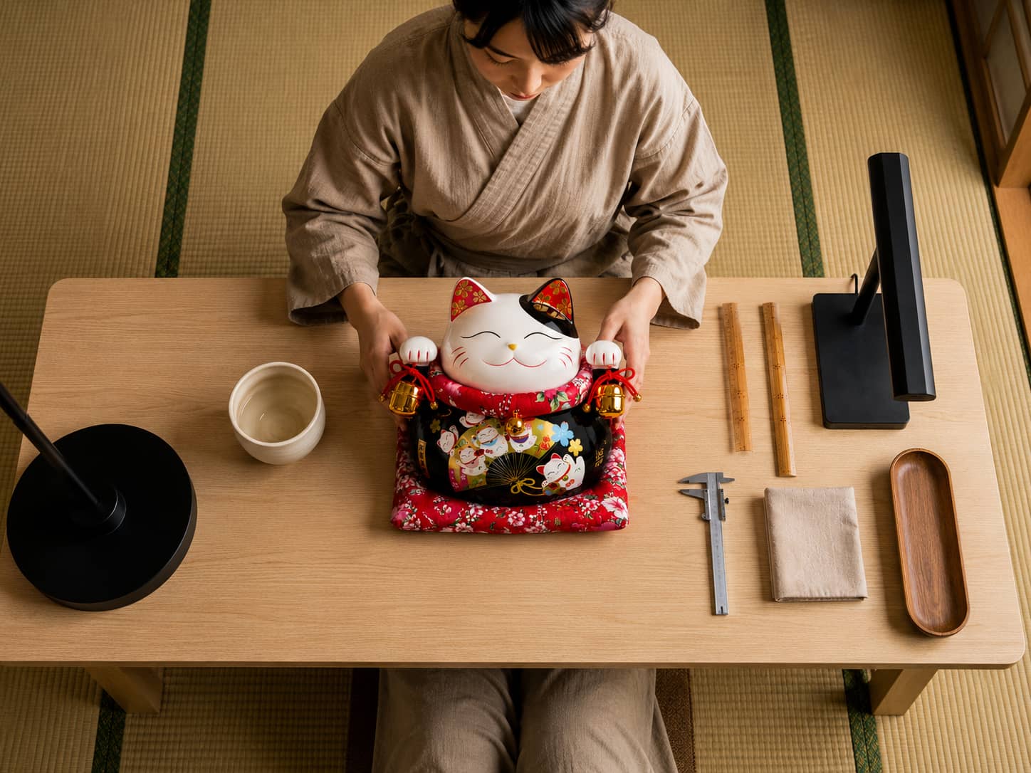 Woman measuring a traditional black maneki neko figurine with a wooden ruler against the tabletop, black lamp base and folded linen cloth arranged nearby