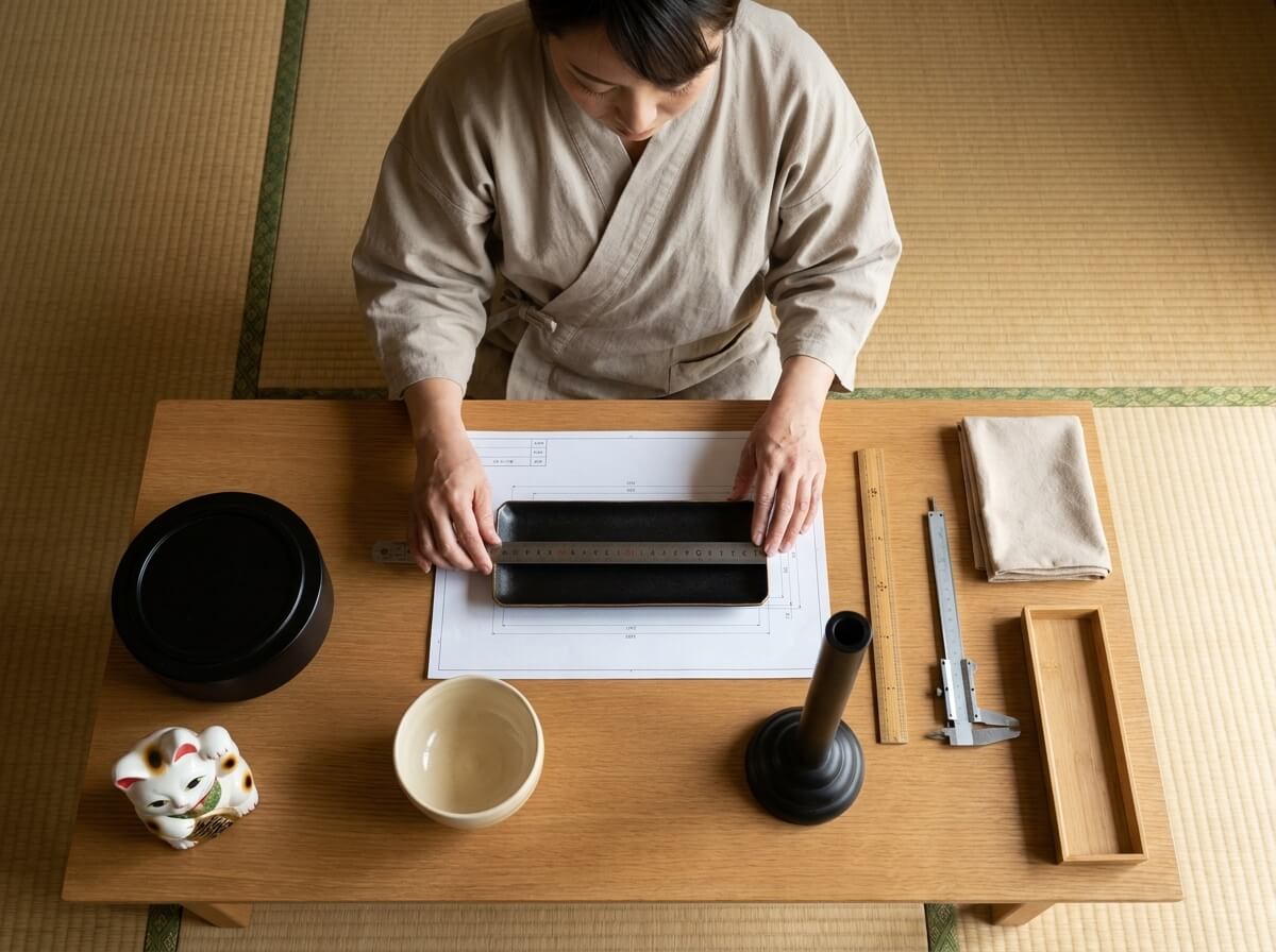 Overhead view of a sleek black plate for sushi with a rust-toned rim, measured with a ruler against its blueprint on a wooden table