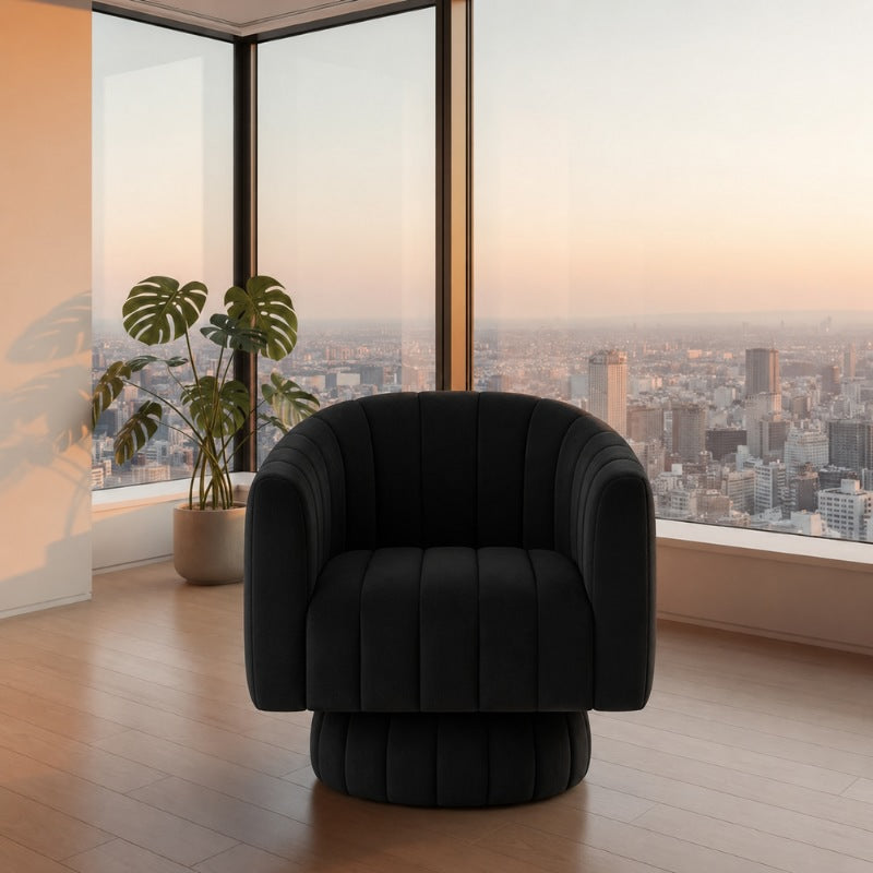 Black sofa floor japanese with sculptural bubble design in modern apartment with panoramic city skyline views at sunset