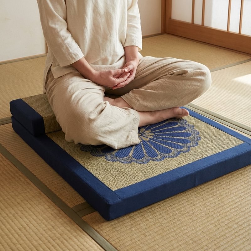 Blue cushion for meditation with person sitting seiza hands in mudra position on tatami floor with shoji screen